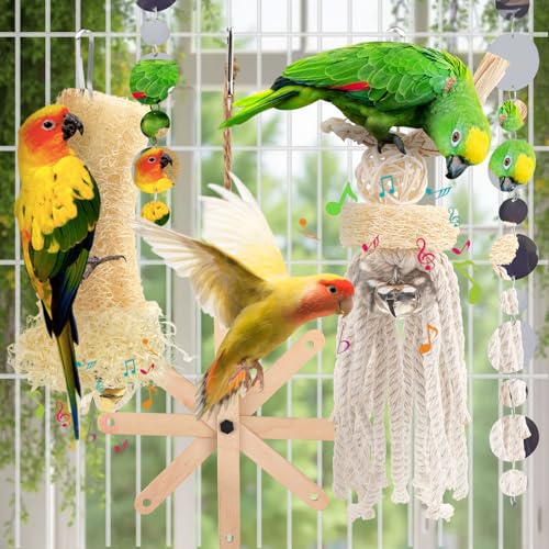 QUOZUO Small Bird Toys Paper Scraps Parakeet Cage Accessories with Bell, Rope Swing Hanging Standing Chewing Toy, Wood Bird Toys for Parakeets, Cockatiel, Parrot, 4pcs