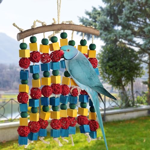 DBNESS Large Parrot Toys, 17.7 inch Multicolored Natural Wooden Blocks Beads Rattan Balls, Bird Chew and Hanging Tearing Toys for Large Medium Birds Macaws African Grey Cockatoos Amazon Parrots - style: Large Birds 8 strings
