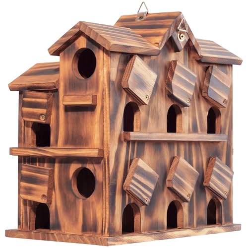 MIXUMON Wooden Bird Houses for Outside – 10 Rooms Multi-Chamber Bird House, Carbonized Pine Rustic Finish, 1.57" Entrance Holes, Individual Cleaning Doors, Decorative Outdoor Bird Nesting Box