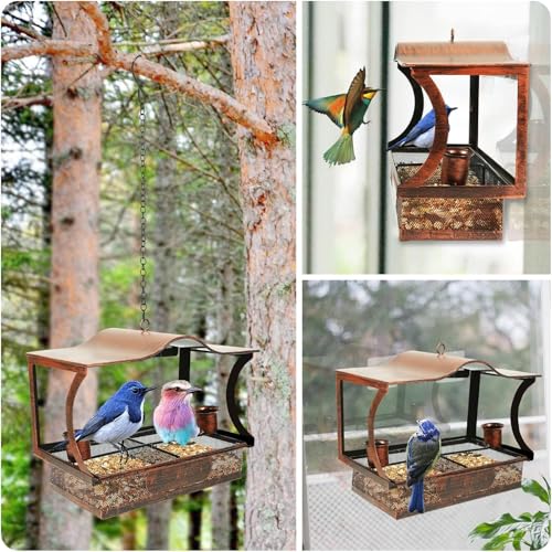 Window Bird Feeder, Metal Window Bird Feeder with 4 Strong Suction Cups, Wild Bird Feeders for Outdoors Hanging, Removable Tray with 2 Water Cups, Easy Clean and Fill