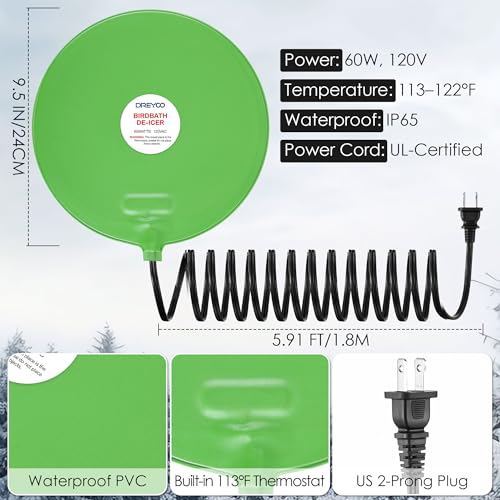 Dreyoo 60W Bird Bath Heater, Submersible De Icer for Outdoor Winter Use, Thermostatic Control, IP65 Waterproof, Chicken Water Heater for Birds, Poultry, Livestock, Wildlife Drinking (2 Pack)
