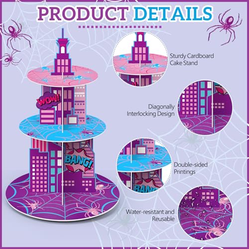 3 Tier Spider Cupcake Stand Decoration Pink Spider Web Cupcake Tower Purple Blue Spiderweb Table Decoration Cityscape Dessert Holder Table Display for Birthday Party Baby Shower Supplies - style: Faddish