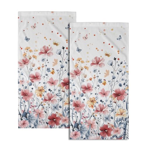 Watercolor Flowers Hand Towels, 14x28 Inch Pink Blue Floral Butterfly Botanical Absorbent Soft Dish Washing Cloth Face Tea Towels for Kitchen Bathroom Gym Hotel Spa Decor - color: Pink Blue Flowers