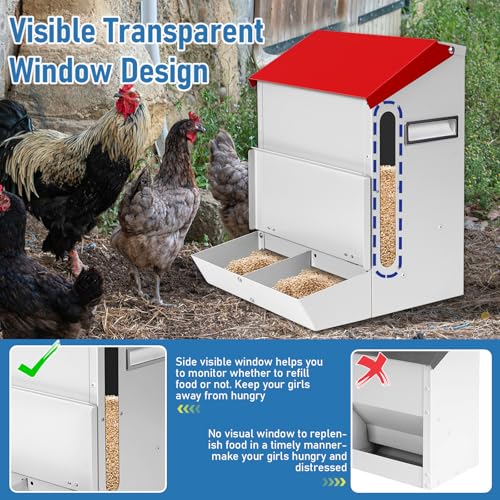 Automatic Chicken Feeder 25lb,Outdoor Galvanized Metal Poultry Feeder No Waste Rat Proof Feeder Trough with Lid Hanging Chicken Feeder Dispenser for Quails,Bantams, Ducks and Turkey
