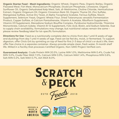 Scratch and Peck Feeds | Starter Mash for Chickens & Ducks | 50 lb Bag | 20.5% Protein, Corn & Soy Free, Fermentable Grains, Certified Organic & Non-GMO Project Verified, Complete Nutrition - size: 50 Pound (Pack of 1), style: Starter Feed
