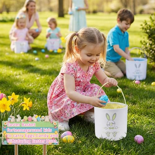 Weewooday 6 Pcs Easter Bunny Basket Bags Canvas Rabbit Bucket Tote for Easter Egg Hunts Candy Gifts Storage - color: Colorful 2, style: Elegant Rabbit