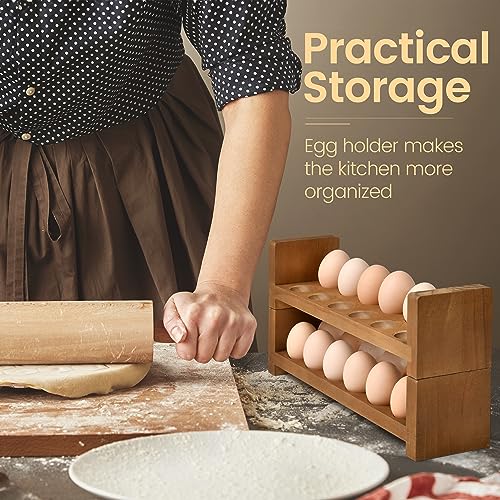 Sishynio Double Layer Egg Tray Holder Countertop, Wooden Fresh Egg Rack | Stackable Storage Basket; 2 Tier Egg Organizer for Farmhouse Kitchen, Refrigerator; Fresh Eggs, Dark Woodgrain, Pegs, Rustic - style: 2 tier pine egg tray