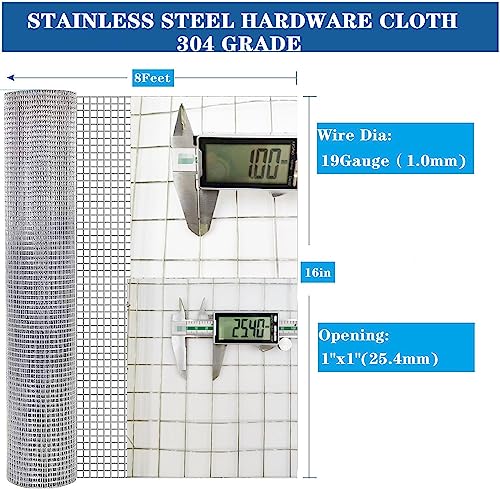 Stainless Steel Hardware Cloth Size:19Gauge 1inch 16inchx8Feet 304 Stainless Steel Welded Wire Mesh Supports Poultry Netting Cage Fence,Keep The Animals Out, Protecting New Plants - size: 1inx16inx8ftx19gauge
