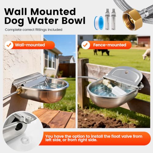 Automatic Dog Water Bowl Dispenser 304 Stainless Steel Dog Waterer | Wall Mounted, Metal Outdoor Heavy Duty Auto Self Filling Animal Water Feeder for Dogs Cats, with Float Valve and Drain Plug