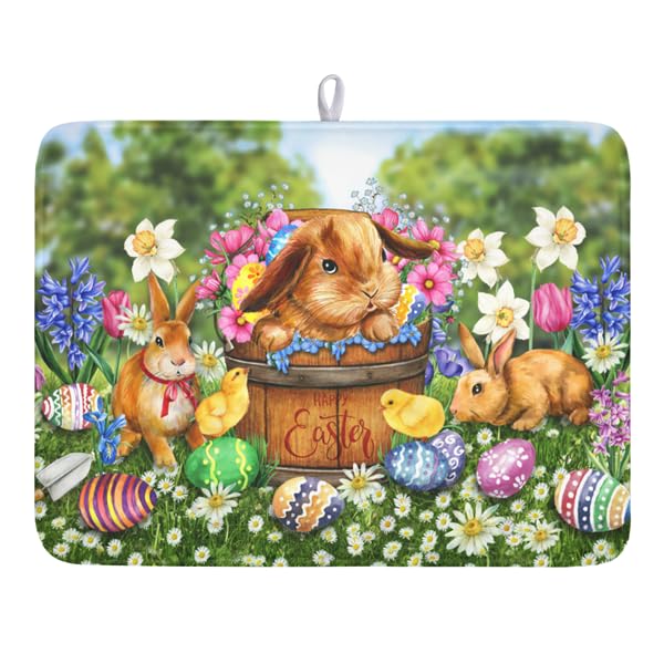 Easter Bunnies Eggs Dish Drying Mat for Kitchen Counter,Spring Colorful Flowers Drying Mat 18 x 24 Inch with High Absorbent Microfiber Drainer Mat for Coffee Bar - color: Bunnies, size: 18" x 24"
