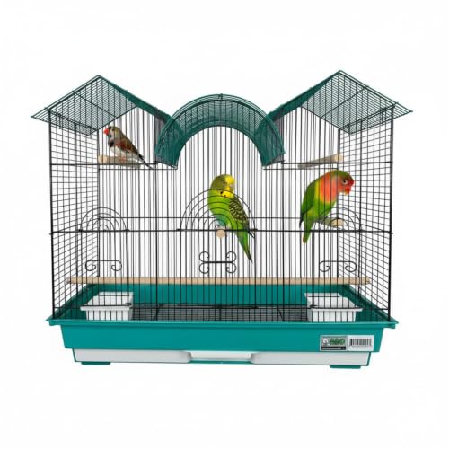 A&E Cage Co Triple Top Bird Cage for Parakeets & Finches, 26"x14"x23" Teal | Decorative Triple Roof, 2 Feeder Stations, 3 Wood Perches, Slide-Out Tray, Carry Handle, Safe Narrow Bar Spacing