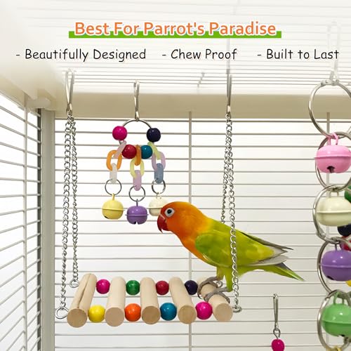 7 Packs Bird Toys for Parakeets, Colorful Parrot Toys with Swings, Bells, Beads, and Perches, Natural Wood Bird Cage Toys for Cockatiels, Lovebirds, Budgies, Conures, and Small Birds