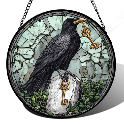 Stained Glass Window Hanging - Halloween Crow Holding A Key Suncatcher for Doors Garden Home Spooky Green Vines Sun Catchers Gothic Decor Horror Gift for Women Men Friend Boy Girl 11.8 in - color: Black Green, size: 11.8x11.8 IN