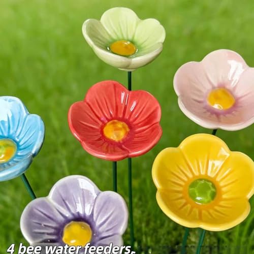6pcs Ceramic Mini Pollinator Watering Station for Garden Flower Shaped bee & Butterfly Water Drinking Cups Bath Feeder Outdoor Garden Stake Decor