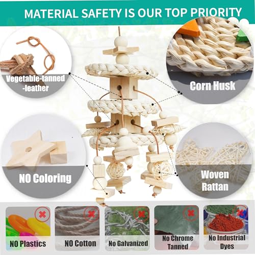 Natural Bird Toys for Quaker Parrot, Lovebird, Parakeet, Cockatiel & Conure – for Chewing, Shredding & Foraging, Corn Husk, Wood & Vine with Leather Cord for Small & Medium Birds - style: Corn Husk