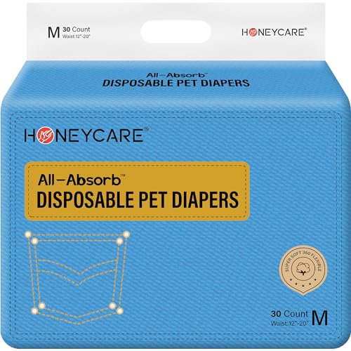 Honeycare Female Dog Diapers, Disposable Diapers for Female Dog with Stretchy Waist, Dog Pull-Ups for Easy wear, Dogs in Heat Period Super Absorbent Leak-Proof Doggie Diapers, Size Medium, 30 Count - size: Medium