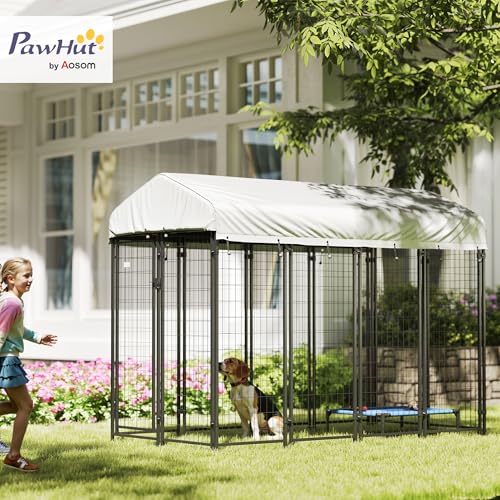 PawHut Outdoor Dog Kennel with Roof for Medium Dogs 8' x 4' x 6' Silver | Heavy Duty Welded Wire Dog Playpen Enclosure, Escape-proof Lock, UV-Resistant & Waterproof Cover, for Chickens, Ducks - size: 96.0"L x 48.0"W x 72.0"H, style: Single Room