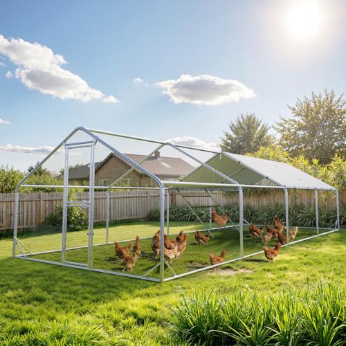 Sannwsg 10x26 FT Metal Chicken Coop with Run, Large Walk in Chicken Pen with Waterproof Cover, Secure Lock, Heavy Duty Poultry Cage with Feeding Door for Outdoor Farm Use - size: 10x26 FT