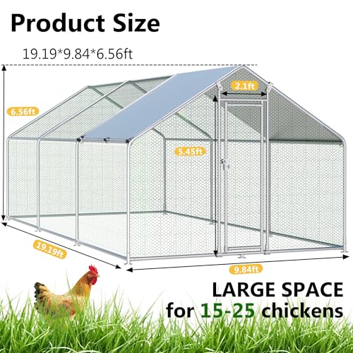HITTITE Large Metal Chicken Coop with Run, 19.19 x 9.84 x 6.56 ft Walk in Poultry Cage Chicken Run Pen, Outdoor Chicken Runs for Yard with Waterproof & Anti-UV Cover - size: 19.19'L x 9.84'W x 6.56'H