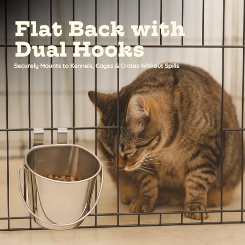 6 quart Stainless Steel Flat Sided Bucket with Dual Hooks | 1.5 gal Durable Food & Water Bowl for XL Dog Goat Sheep & Livestock | Fits kennel Cage Critter Crate | Hanging Utility Pet Pail - size: 6 Quart