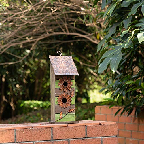 Glitzhome 14.5" H Wooden Bird House Hanging Two-Tiered Distressed with Flowers Decorative Garden Birdhouse,Green - color: 14.45"H