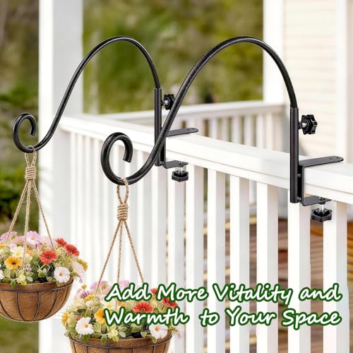 16 Inch Deck Hooks Railing Plant Hanger 2PCS, Shepherd Hook Swivel | Heavy Duty Deck Hooks for Railing, 360° Swinging Plant Hanger Bracket Outdoor, Solid Iron Plant Hangers for Deck Railing - size: 16Inch -2PCS