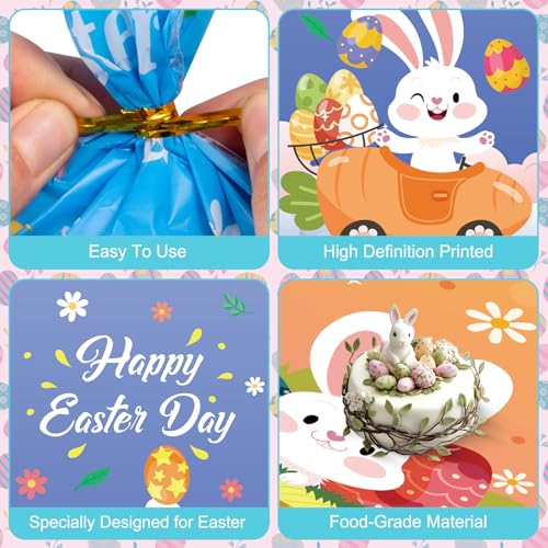 Litmitfu 100 Pcs Happy Easter Treat Bags - Cute Bunny Cellophane Goodie Bags, Plastic Happy Easters Day Cello Candy Goody Gift Bag with Twist Ties for Spring Easter Party Favor Supplies, 4 Styles - color: Easter
