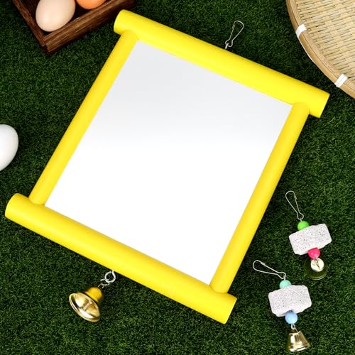 1 Pcs Chicken Mirror Toys Large 12x10 Inch Hanging Swing Mirror with Bell | Wooden Pecking Toy and 2 Pieces Beak Grinding Molar Stones for Hens Birds Parrots Coop Roosters(Yellow)