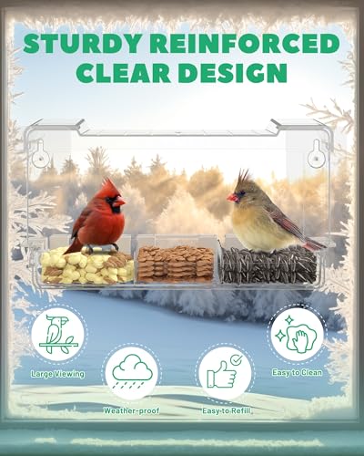 Clear Window Bird Feeder Outdoors - Bird Feeder for Viewing with 5 Perching Stands, Self-Adhesive Hooks, Drain Holes and Removable Tray, as a Birdhouse, Garden Decor - color: Clear