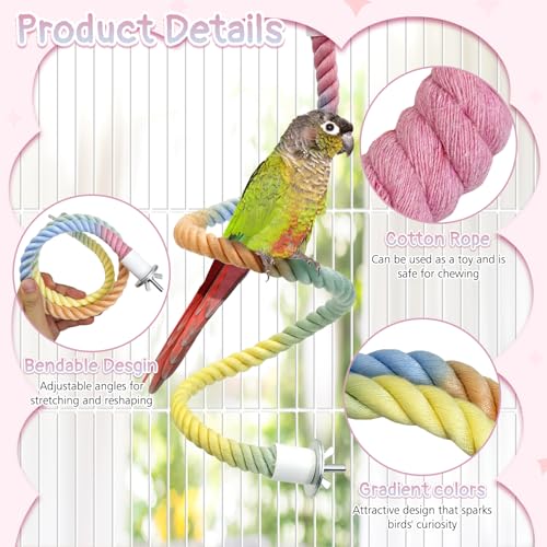 4 Pcs Bendable Bird Rope Perches Gradient Color Parrot Perch Rope Stand for Cage Double-Layer Climbing Swing Toys Bird Cage Accessories for Budgie Parakeet Lovebird Cockatiel