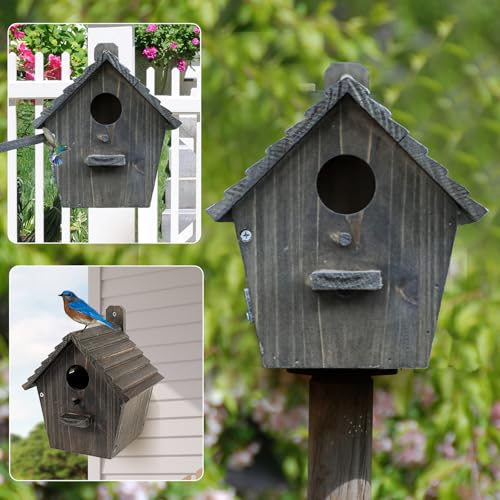 Bird House Black Birdhouse Bird Houses for Outside with Pole Wooden Bird House for Finch Bluebird House Cardinals Hanging Birdhouse Clearance Garden Country Cottages B8-2 - color: black