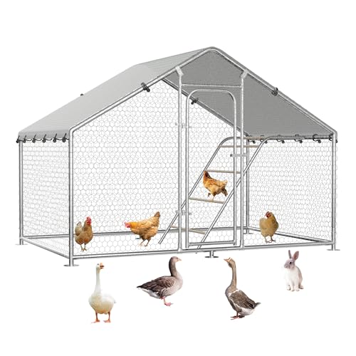 Large Metal Chicken Coop with Roosting Perch and Cover | Spire roof outdoor poultry cage with waterproof UV-resistant cover, 9.9' x 5' x 6.4' enclosure for chickens and rabbits - size: 59.9"L x 118.0"W x 78.0"H