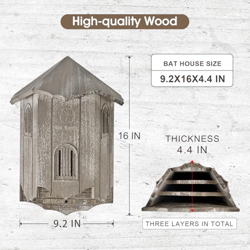 VIREESR Bat House for Outdoors, Castle 3-Chamber Bat Box, 100-Capacity | Cedar Wooden Bat House, Bat Boxes for Outside for Tree, 3 Chamber Design, Weather-Resistant, Distressed Wood - size: Distressed Wood