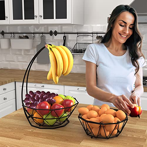 Fruit Basket with Banana Hanger and Fruit Bowl. Kitchen Counter Fruit Bowl with Banana Holder used as Bread, Vegetable or Produce Basket, Egg Holder, 2 Tier - size: 2-Tier