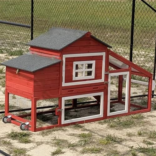 GUTINNEEN Mobile Chicken Coop with Wheels Expandable Chicken Tractor Outdoor Hen House for 2-4 Chickens 67.3" L(Red) - color: Red