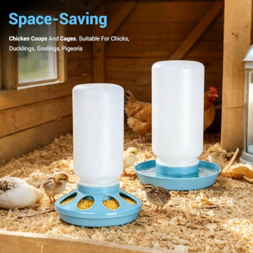 Chick Feeder and Waterer Set, 0.26Gal Quail Waterer with Balls Anti-Drown Chicken Water Feeder no Mess Chicken Supplies in Brooder Poultry Waterer for Ducklings Ducks Button Quails Bird (Blue)