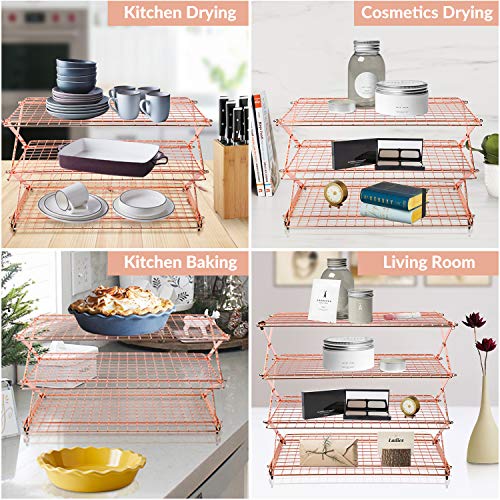 Geesta 2/3/4-Tier Collapsible Cooling Rack with Adjustable 3 Setting Design Stackable Cooling Roasting Cooking for Cookies Baking - Copper Cooking Utensils - color: Rose Gold