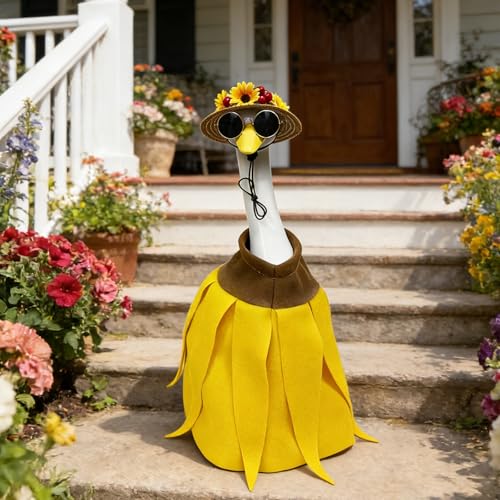 Porch Goose Statue,20" Large Resin Figurine Indoor & Outdoor Garden Decor | Goose Sculpture with Sunflower Banana Outfit & Sunglasses,Holiday Pool/Patio/Lawn Decoration Housewarming Gifts - style: banana skirt goose