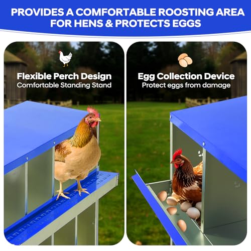 GarveeTech Chicken Nesting Box with Legs, 6 Compartment Metal Hen House, Elevated Design for Cleaner Eggs, Easy Egg Collection & Durable Poultry Nesting Solution - size: Blue-6 Compartments with legs