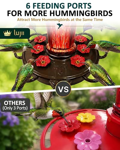LUJII Smart Hummingbird Feeder with Camera, Hand Blown Glass for Outdoor Hanging, Solar WiFi Feeder with Live View App, 6 Feeding Ports, Leak-Resistant Design, Ant Moat & Gift Box, 36 fl oz, Red - color: Red, size: X-Large
