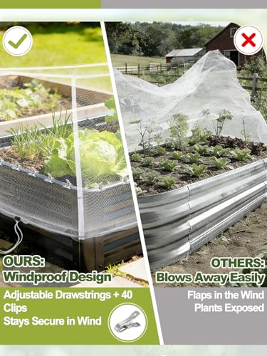 2 pcs Windproof Garden Netting for Raised Beds (4ft L x 2ft W x 1ft H) - 60 Mesh Bird Netting Garden Bed Cover with Drawstring & 40 Clips for Vegetables Flowers, Excluding Hoops or Frames