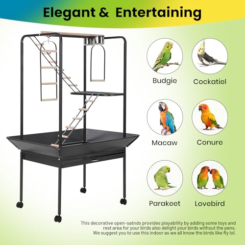 Garvee 64'' H Inch Birdcage Stand Play Center with Perches and Ladders | Indoor Outdoor Playground for Birds, Bird Playstand w/Rotated Ring Removable Tray, Lockable Caster, for Macaw and Parakeet - size: 64'' H
