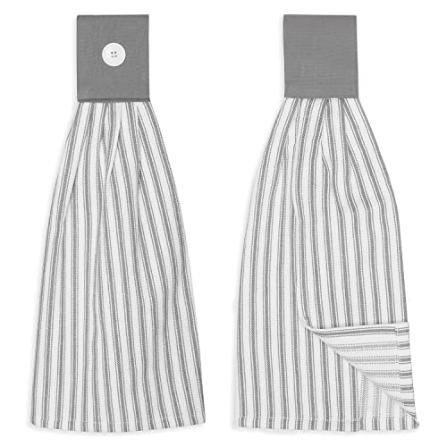Alloy Gray and White Ticking Stripe Hanging Kitchen Dish Hand Towel Cotton with Button Accent, Set of 2 - color: Alloy Gray