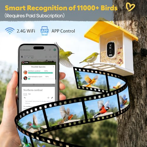 Smart Bird Feeder with Camera Solar Powered, 2K HD Live Video Bird Watching for Outside Garden, AI Identify 11000+ Species by Subscription, Instant Arrival Alerts, Gift for BirdLovers