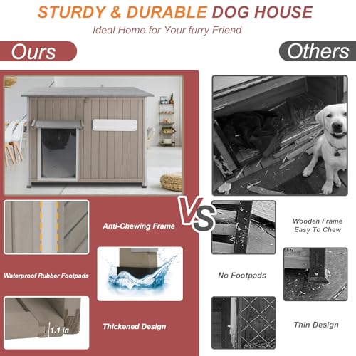 Outdoor Dog House Weatherproof, Wooden Puppy Shelter with Anti-Chewing Iron Frame and Elevated Floor, Sturdy Dog Kennel for Small, Medium & Large Dogs (Gray, 40" L x 26" W x 31" H) - size: 40" L x 26" W x 31" H