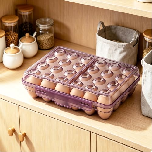 24 Grid Egg Storage Box for Refrigerator Kitchen Camping RV | Stackable BPA-Free Plastic Holder, Large Capacity Organizer With Lid, Portable Countertop Pantry Storage, Purple 1 Pack
