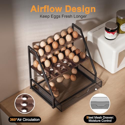 3-Tier Wooden Egg Holder with Basket, Holds 130+ Eggs | Sturdy wooden egg holder, holds 36+90 eggs, carry handle for easy gathering & transport. - size: 3 Tiers