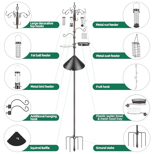Bird Feeding Station Kit with Squirrel Baffle Bird Feeder Pole with Suet Cage Mesh Tray Fruit Hook Double W Hook for Attracting Wild Birds and Hanging Planter Hanger Lights - size: 94 Inch W hook with squirrel baffle