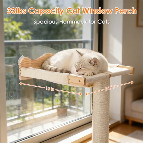 Keaber 44in Cat Scratching Post with Window Perch, Sisal Rope and Cozy Pad | Adjustable Scratching Post for Large Cats, for Climbing Bird Watching Sleeping, Spring Feeding Toy, Washable Cushion