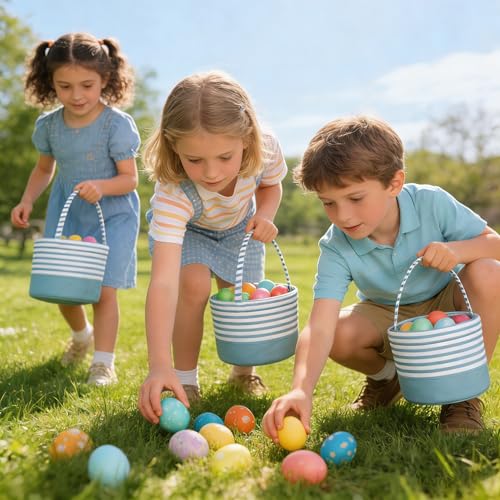 Easter Basket for Kid Boy Girl,Easter Egg Hunt Buckets,Personalized Canvas Tote Bags Easter Party Gifts for Easter Halloween - color: AB-Blue